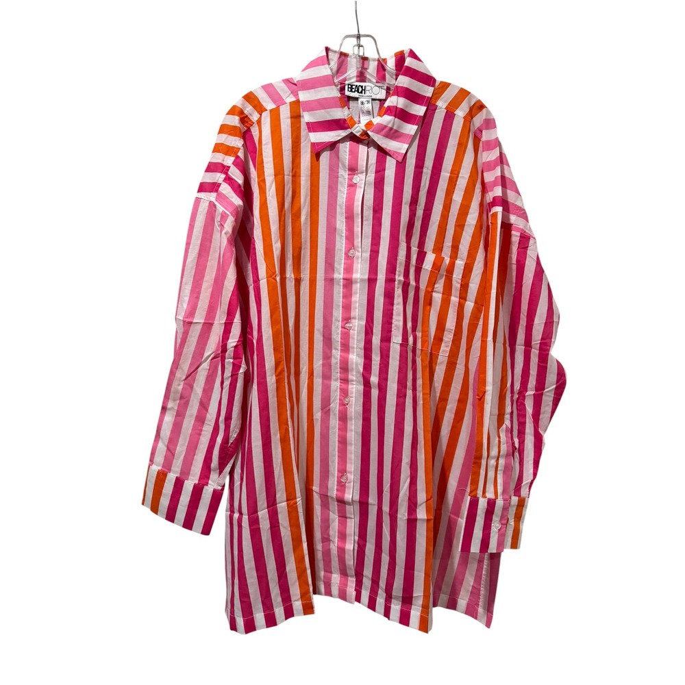 Beach Riot Womens Pink Orange Striped Cotton Button Down Shirt Oversized PL